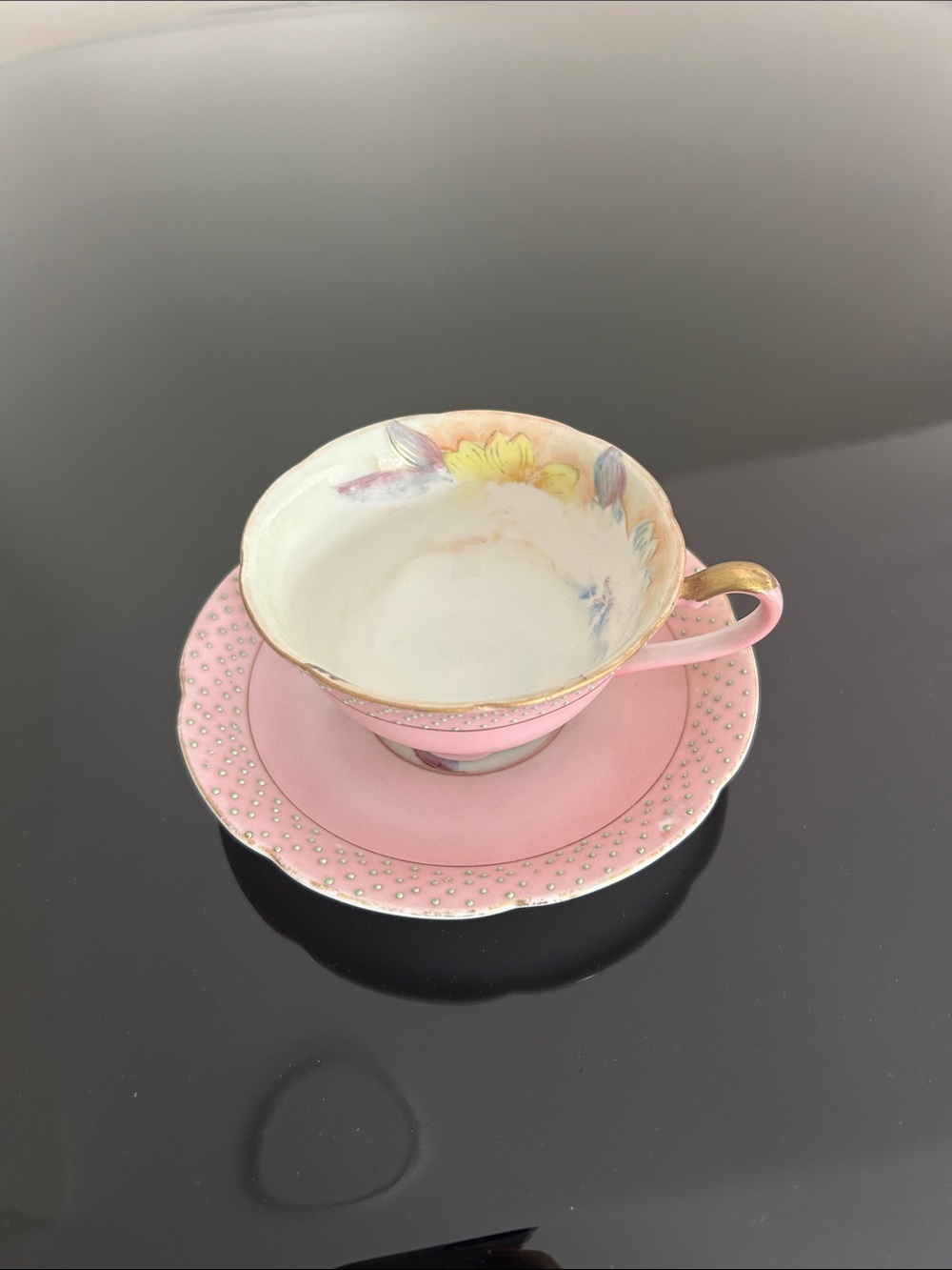 Vintage MERIT Hand Painted Occupied Japan Tea Cup and Saucer Pink Dots 1946-1952